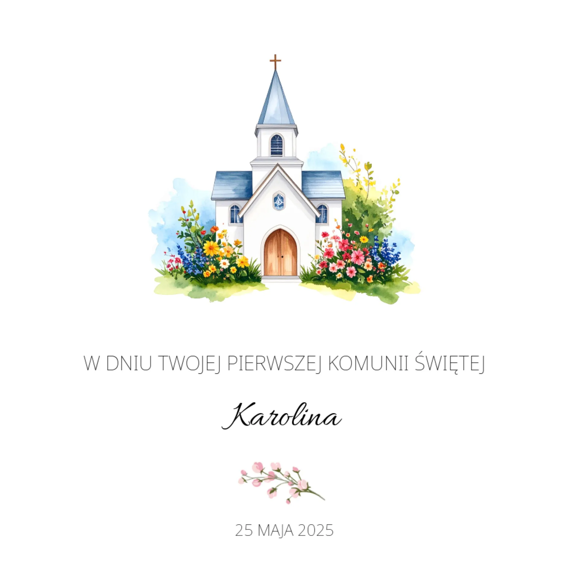 Kartka składana z życzeniami na I Komunię Świętą 15 x 15 cm 4 strony