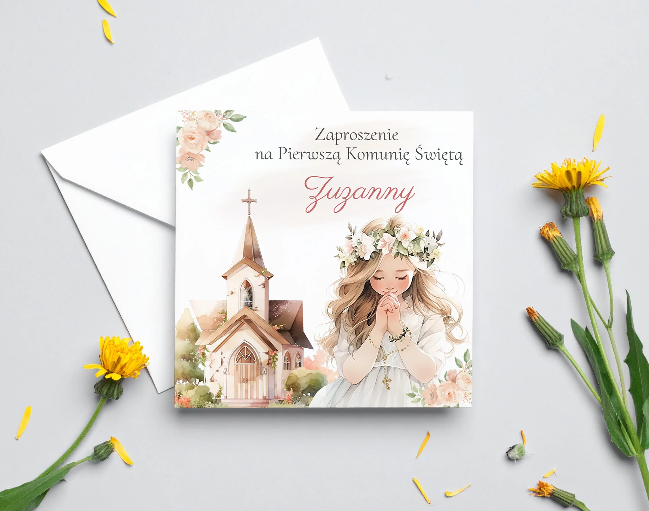 Zaproszenie na I Komunię Świętą – Dziewczynka w wianku - Image 4