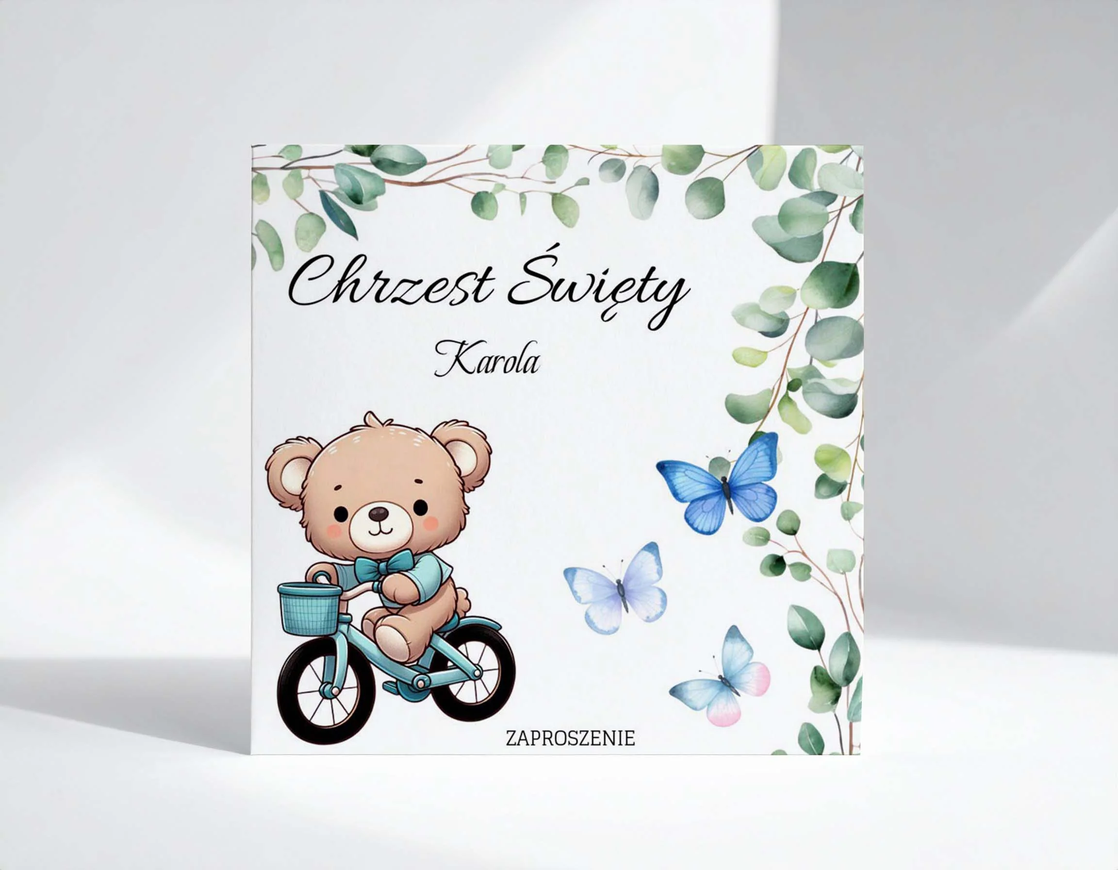 Zaproszenie na Chrzest składane 15x15 z kopertą - Miś pluszowy na rowerku - Image 4