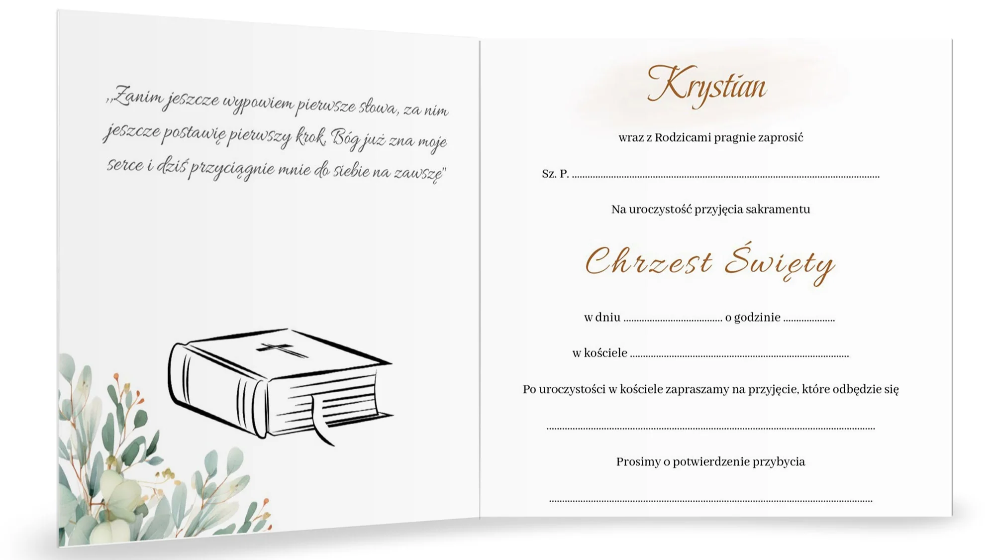 Zaproszenie na Chrzest składane 15x15 z kopertą - Świeca i eukaliptus - Image 5