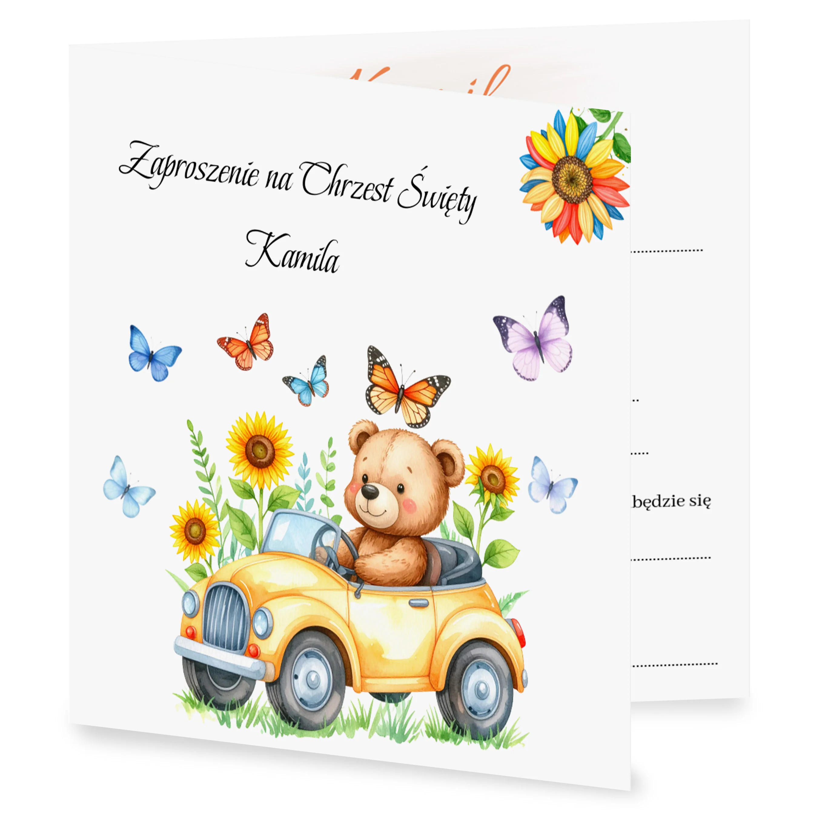 Zaproszenie składane z kopertą na Chrzest - Pluszowy miś w żółtym samochodzie - Image 2
