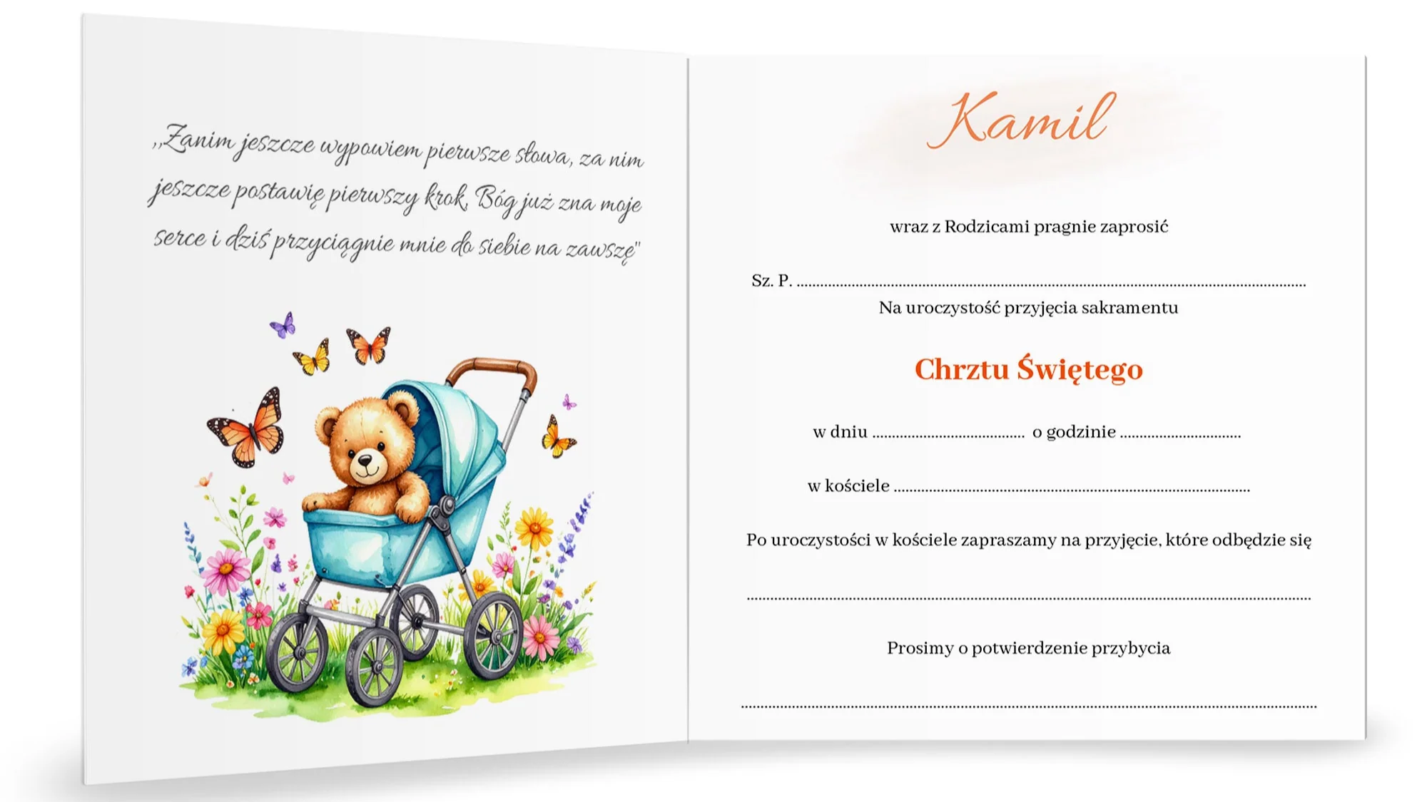 Zaproszenie składane z kopertą na Chrzest - Pluszowy miś w żółtym samochodzie - Image 4